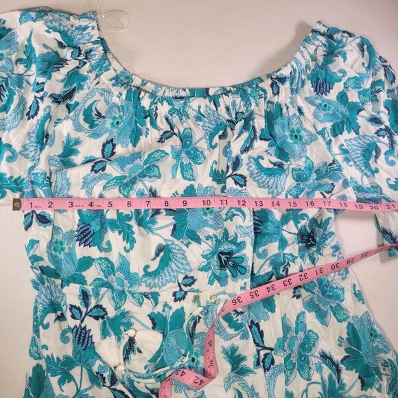 La Blanca Womens Off-Shoulder Floral Tunic Dress XL Rayon/Elastane White & Blue - Picture 3 of 9